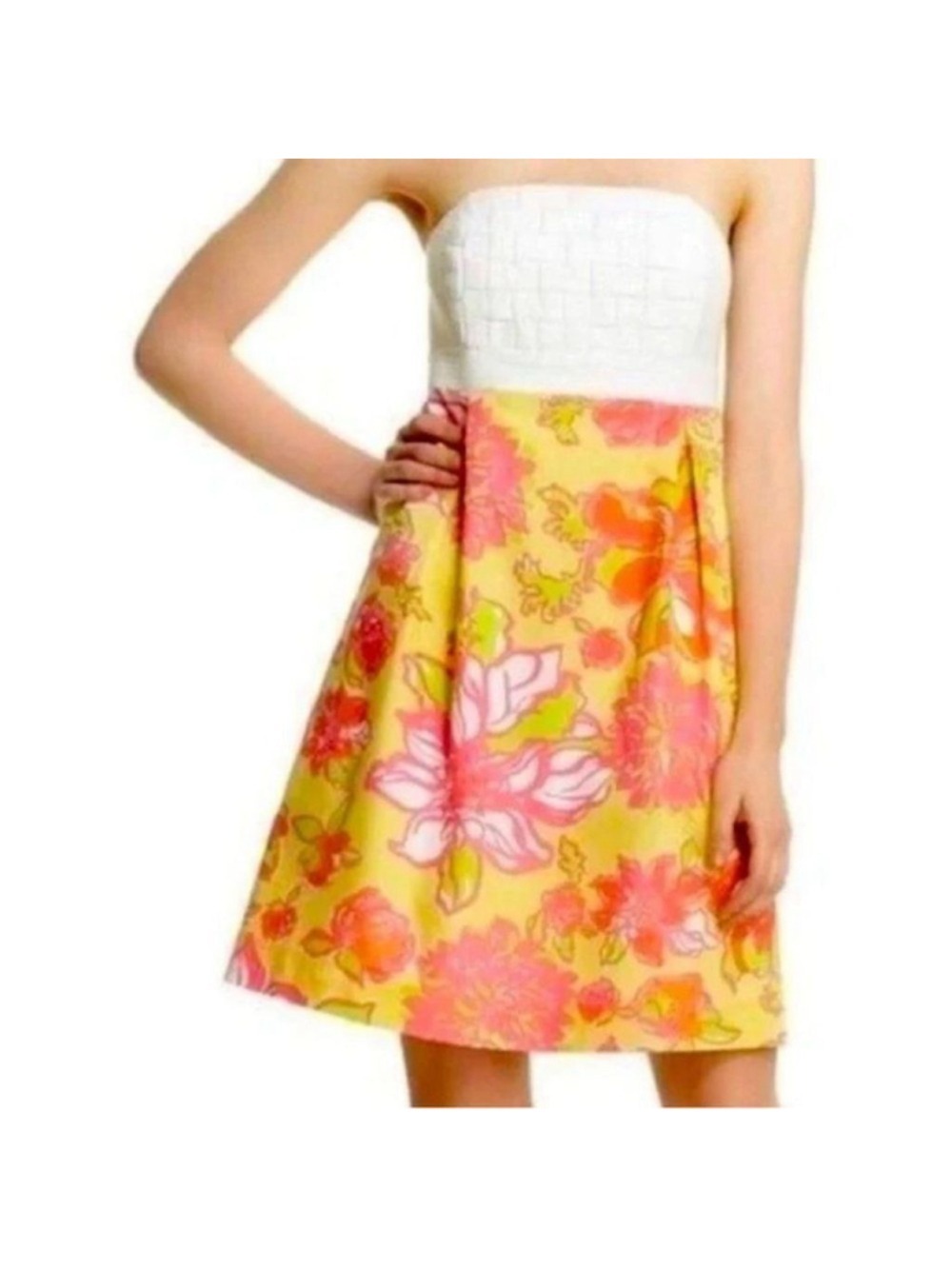 Lilly Pulitzer Starfruit Yellow Pink White Betsey Basketweave Strapless Dress 6